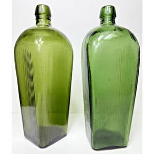Antique Vtg Olive Green Case Gin Bottle Ribbed Sides Square Base Set 2 Barware